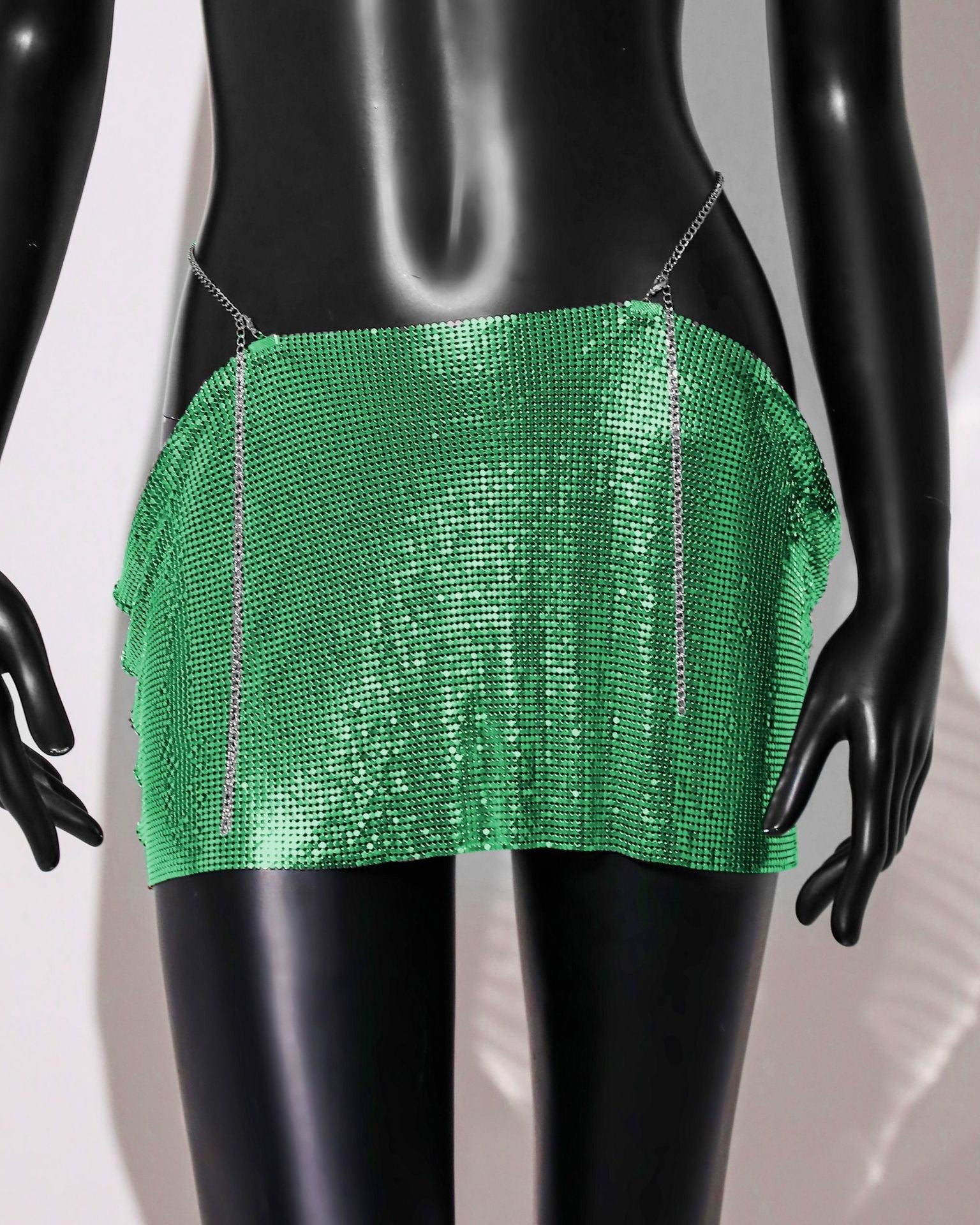 Image of Womens Sequin Skirt Mini Skirt Rave Dance Low Waist Metal Chains Waistband Skirt Club Party Skirts - green / free size